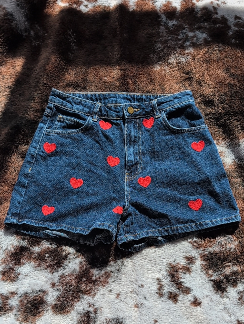 Lazy Oaf Dark Denim Shorts with Red Heart Patches, Size 28 (100% cotton)